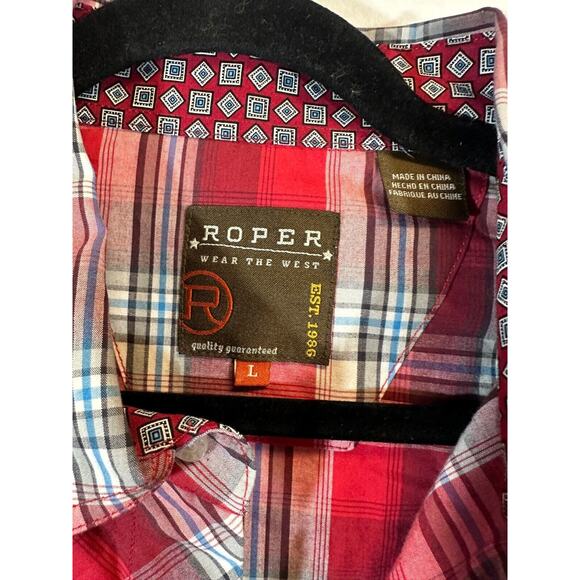 Roper Western Pearl Snap Button Down Shirt Red White Blue Plaid Mens LS L D36 - Picture 3 of 6